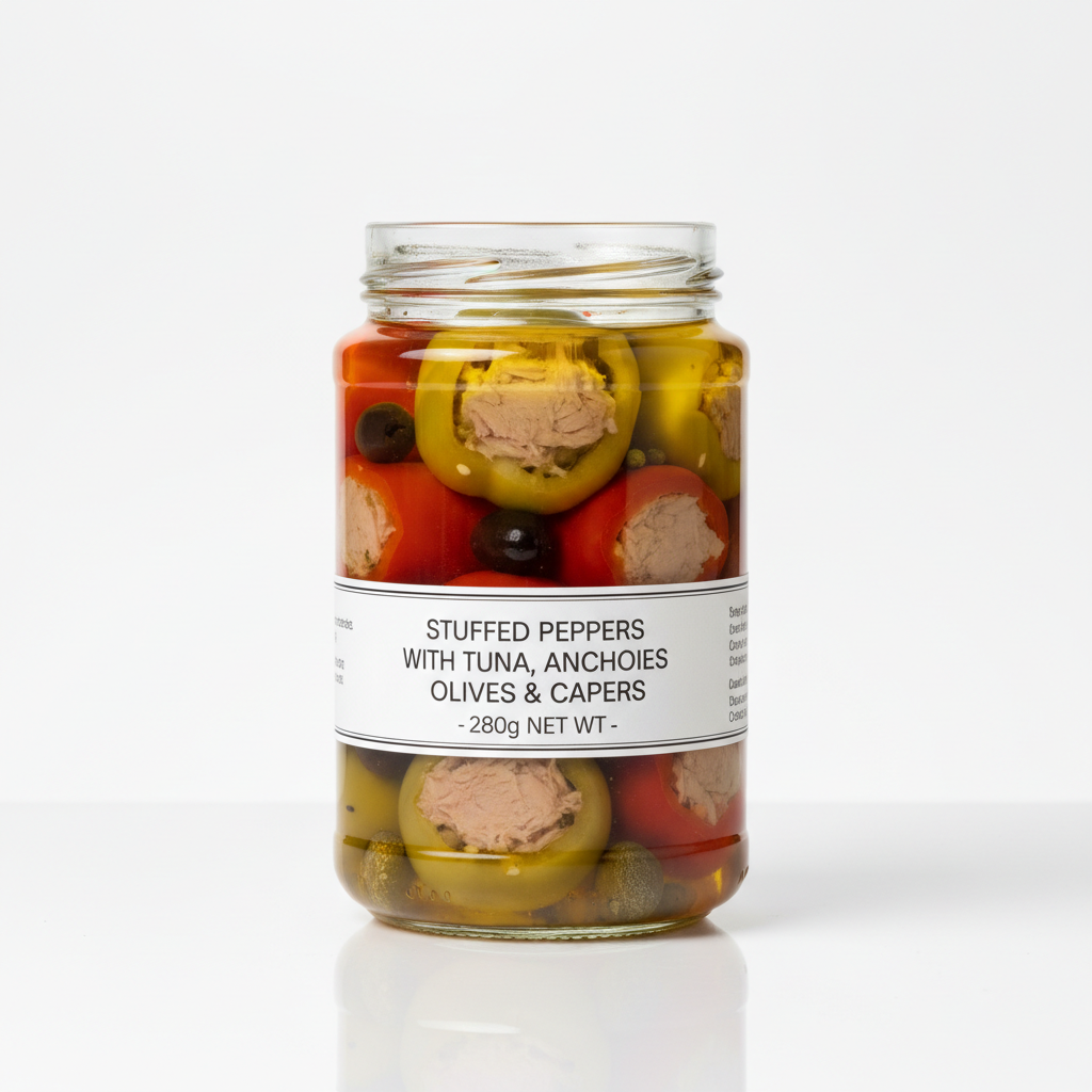 Piments farcis au thon, anchois, olives et câpres