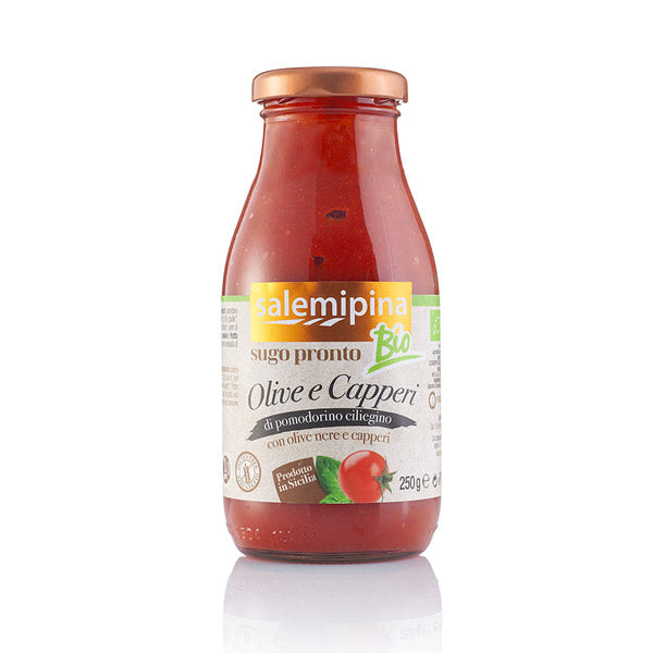 Sauce tomate cerises bio, olive noire et câpres 250 gr