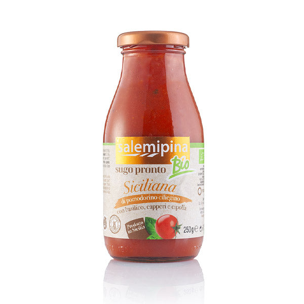 Sauce tomate à la sicilienne tomates cerises bio, basilic, câpres et oignons 250gr